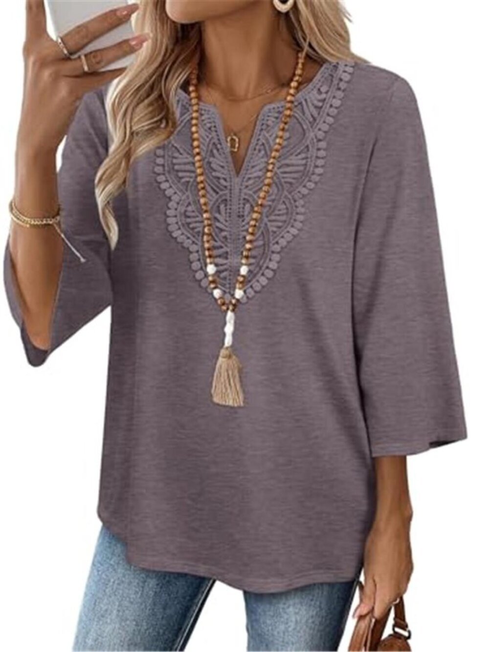 Boho Lace V Neck 3/4 Sleeve Top